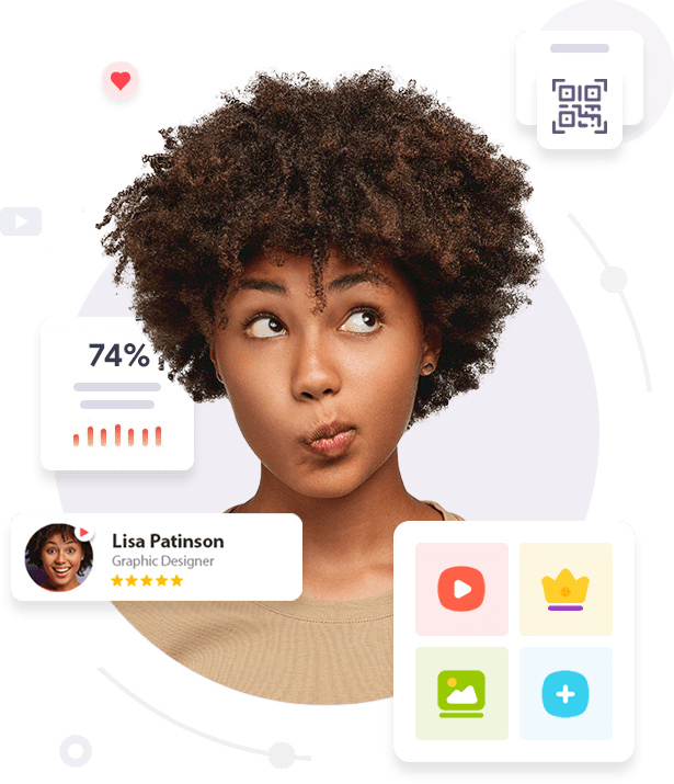 Woman looking up thoughtfully while surrounded by user interface elements